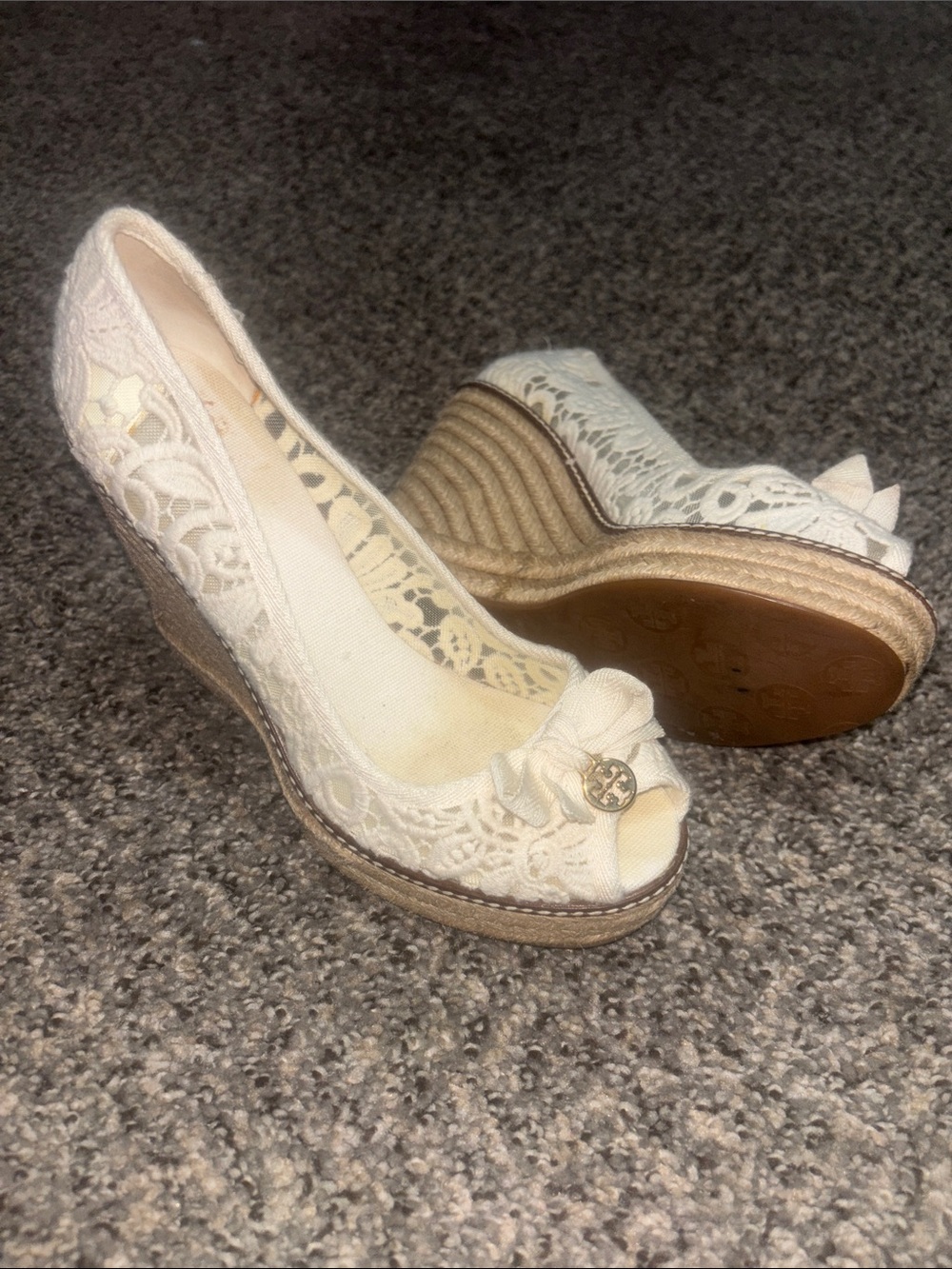 Tory Burch Ivory Lace Peep-Toe Wedge Heels with Logo Bow